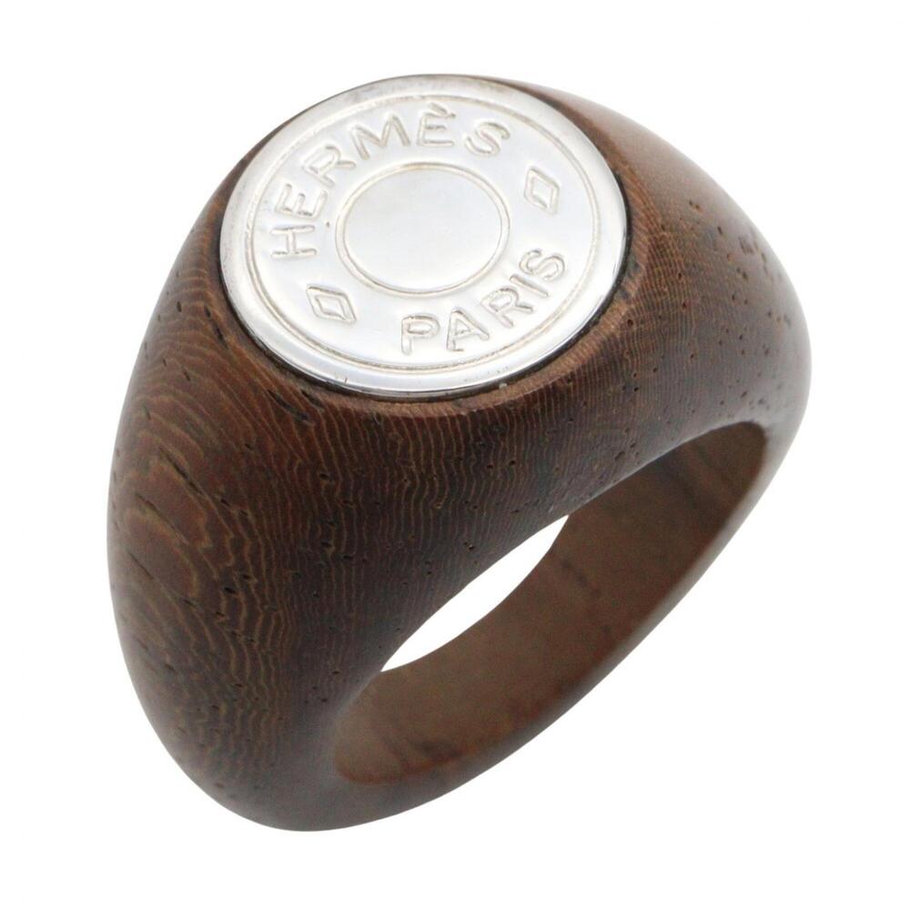 Hermes HERMES Wood Ring, Jewelry, Metal, Wood, Women's, Silver/Brown Tones